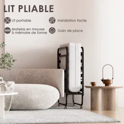 Lit Pliant 90x190 CM avec Matelas de 10cm, Lit Pliable 1 Personne Adulte, 4 roulettes, 2 Min Assembler