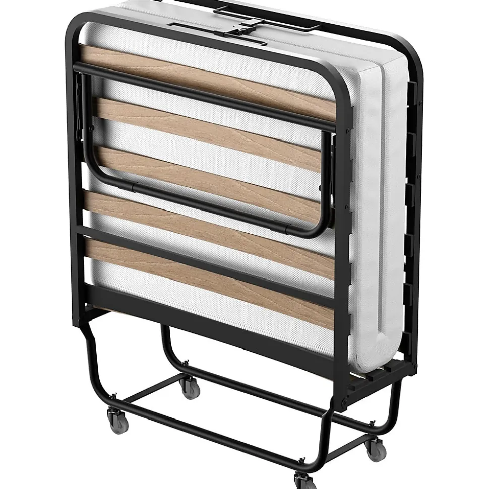 Lit Pliant 90x190 CM avec Matelas de 10cm, Lit Pliable 1 Personne Adulte, 4 roulettes, 2 Min Assembler