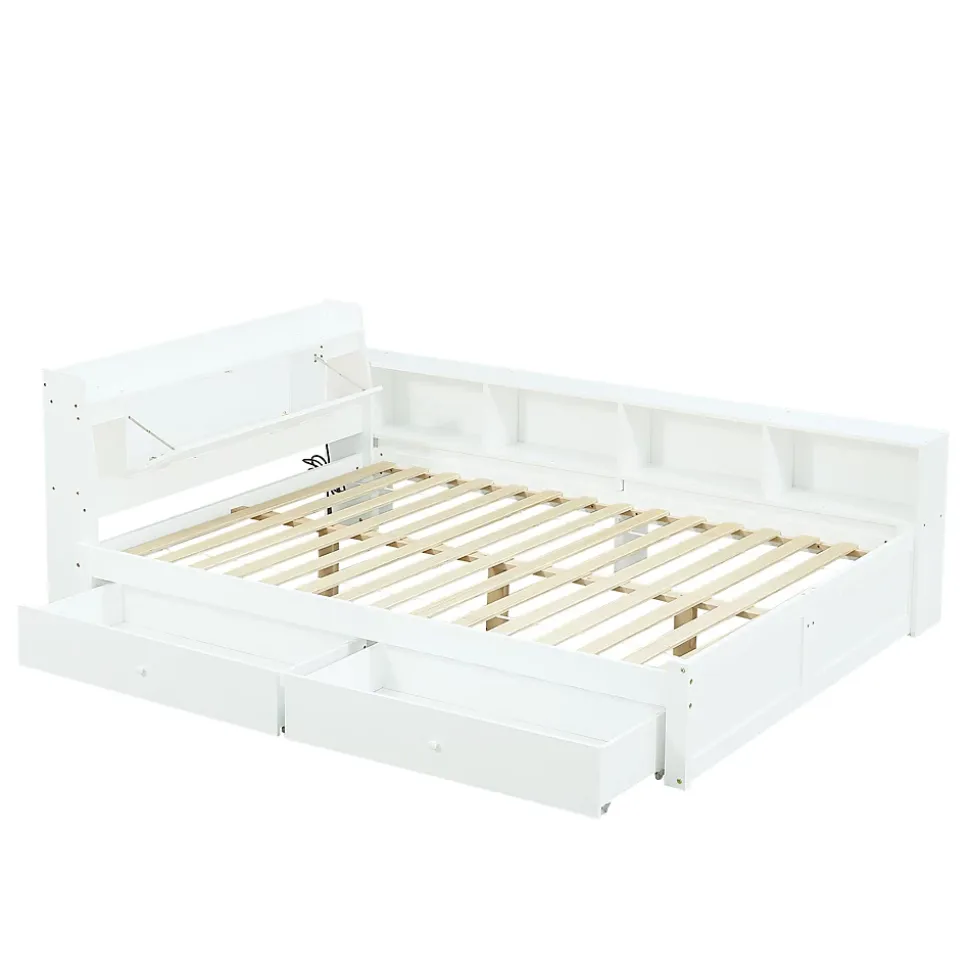 Lit Polster 140x200 cm avec rangement latéral, 2 lampes, prise USB, bois blanc, moderne