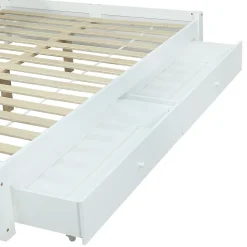 Lit Polster 140x200 cm avec rangement latéral, 2 lampes, prise USB, bois blanc, moderne