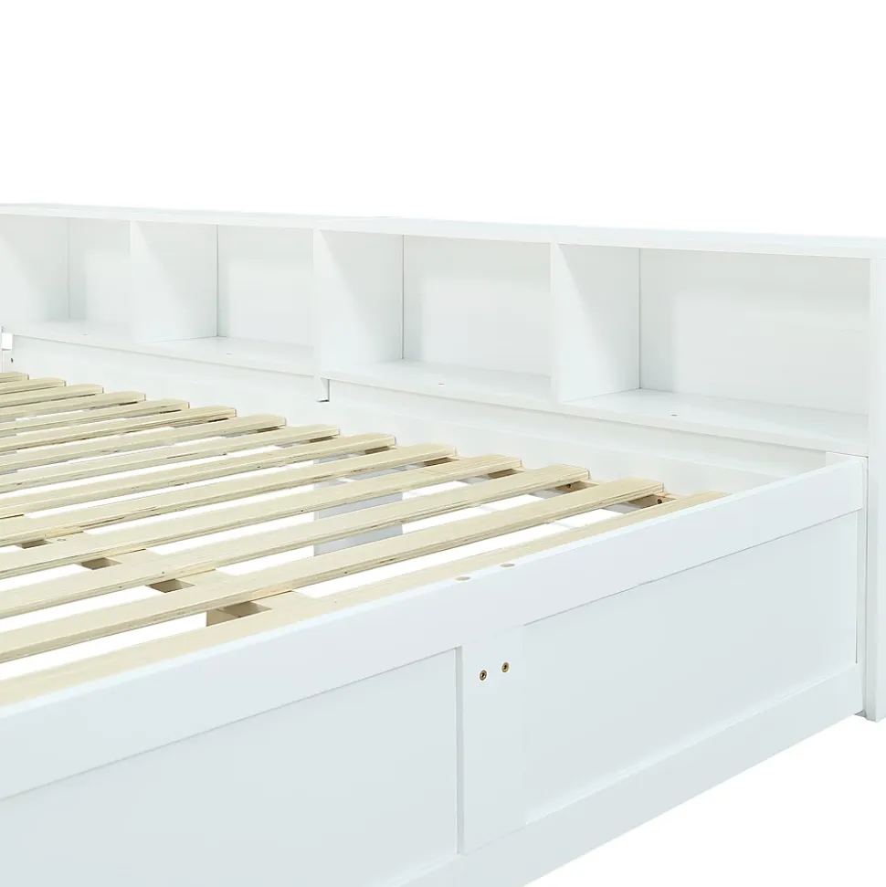 Lit Polster 140x200 cm avec rangement latéral, 2 lampes, prise USB, bois blanc, moderne