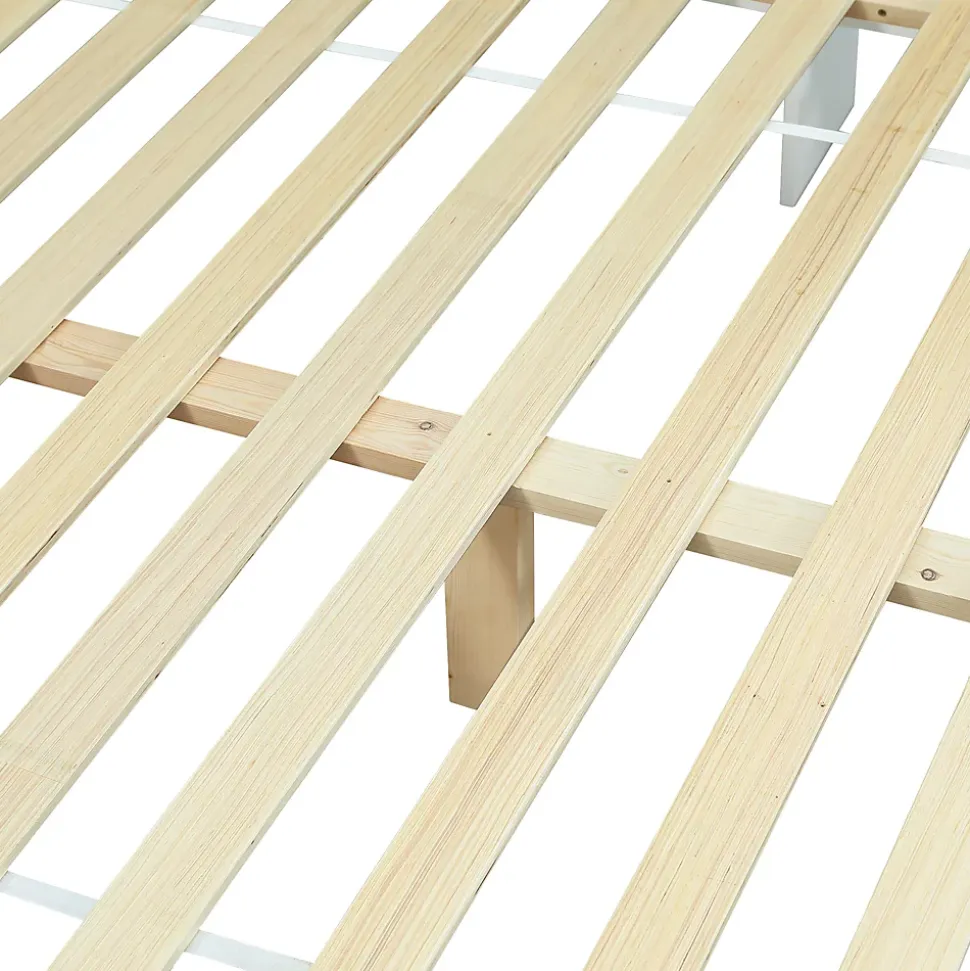 Lit Polster 140x200 cm avec rangement latéral, 2 lampes, prise USB, bois blanc, moderne