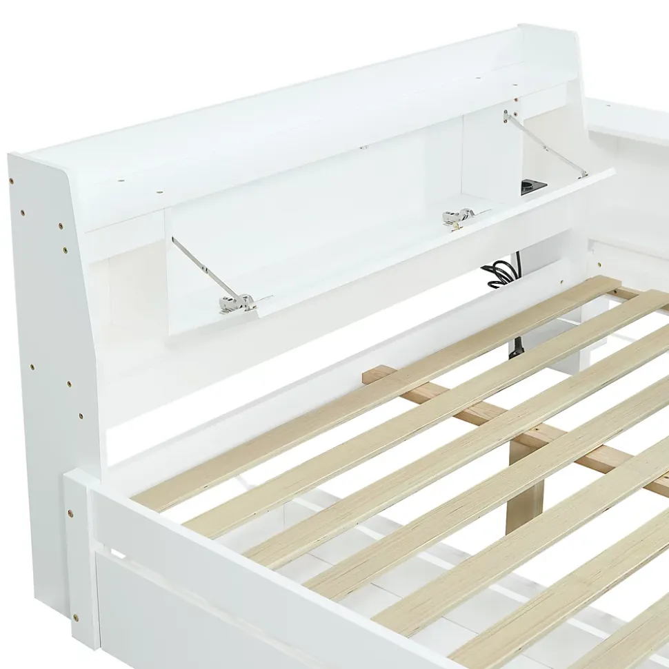 Lit Polster 140x200 cm avec rangement latéral, 2 lampes, prise USB, bois blanc, moderne