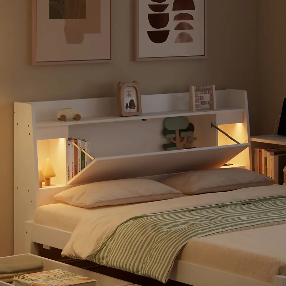 Lit Polster 140x200 cm avec rangement latéral, 2 lampes, prise USB, bois blanc, moderne