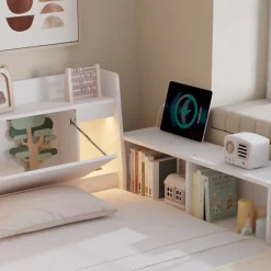 Lit Polster 90x200 cm avec rangement latéral, 2 lampes, prise USB, bois blanc, design pratique