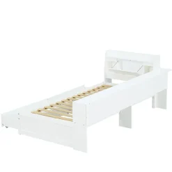 Lit Polster 90x200 cm avec rangement latéral, 2 lampes, prise USB, bois blanc, design pratique