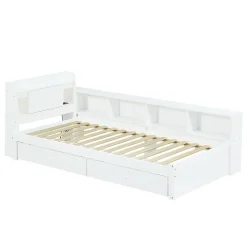 Lit Polster 90x200 cm avec rangement latéral, 2 lampes, prise USB, bois blanc, design pratique