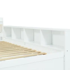 Lit Polster 90x200 cm avec rangement latéral, 2 lampes, prise USB, bois blanc, design pratique