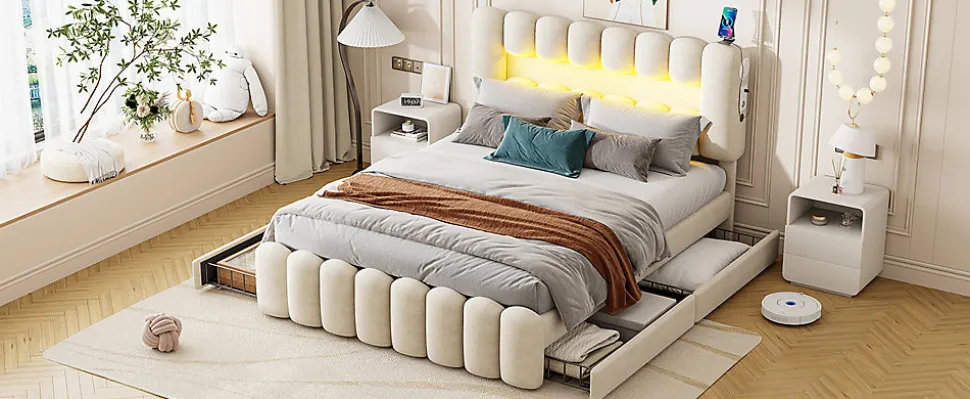 Lit Polster 160x200cm, Avec LED, USB, Stéréo, 4 Tiroirs, Beige