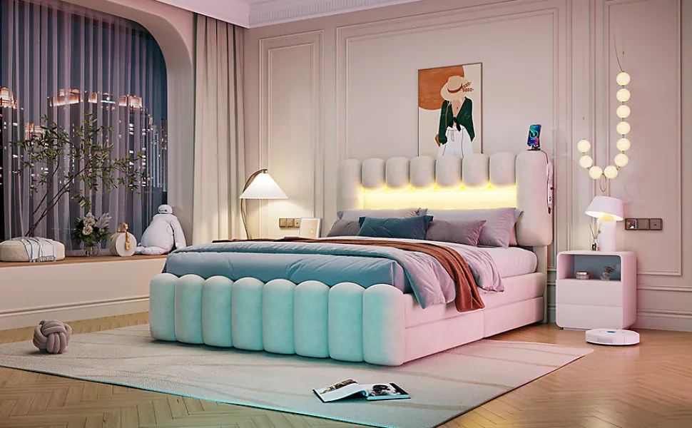 Lit Polster 160x200cm, Avec LED, USB, Stéréo, 4 Tiroirs, Beige