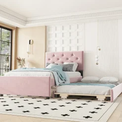 Lit Polster 90x200cm, Avec Tiroirs, Samt, Design Minimaliste, Rose