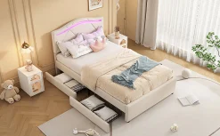 Lit Polster 90x200cm, Éclairage Ambiant, Tiroirs, Tête Réglable, Lin, Beige