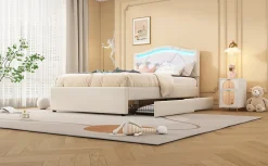 Lit Polster 90x200cm, Éclairage Ambiant, Tiroirs, Tête Réglable, Lin, Beige