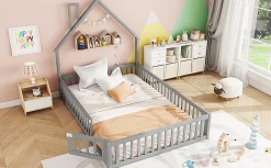 Lit Polster 140x190cm, Lit Enfant, Maison, Tête Réglable, Pin, Gris