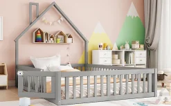 Lit Polster 140x190cm, Lit Enfant, Maison, Tête Réglable, Pin, Gris