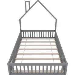 Lit Polster 140x190cm, Lit Enfant, Maison, Tête Réglable, Pin, Gris