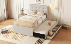 Lit Polster 90x200cm, Lit Familial, Tiroirs, Lit Escamotable, Tête Réglable, Beige