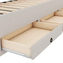 Lit Polster 90x200cm, Lit Familial, Tiroirs, Lit Escamotable, Tête Réglable, Beige