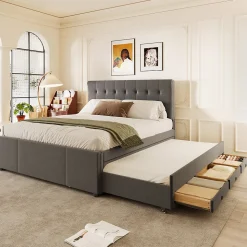 Lit Polster 140x200cm, Lit Familial, Tête Réglable, Grand Rangement, Gris