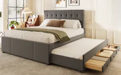 Lit Polster 140x200cm, Lit Familial, Tête Réglable, Grand Rangement, Gris