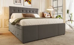 Lit Polster 140x200cm, Lit Familial, Tête Réglable, Grand Rangement, Gris