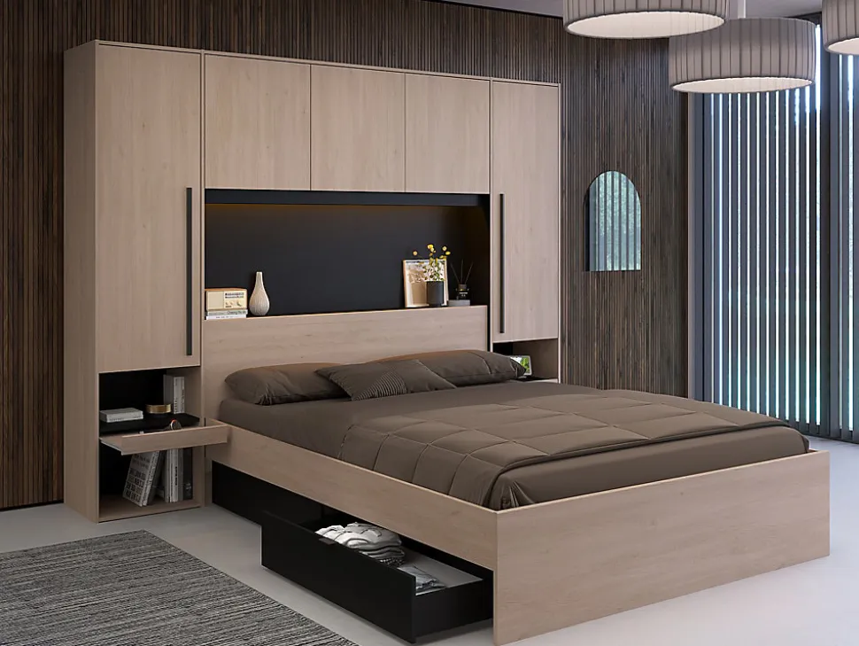 Lit pont 160 x 200 cm avec rangements - Avec LEDs - Coloris : Naturel et noir - VELONA