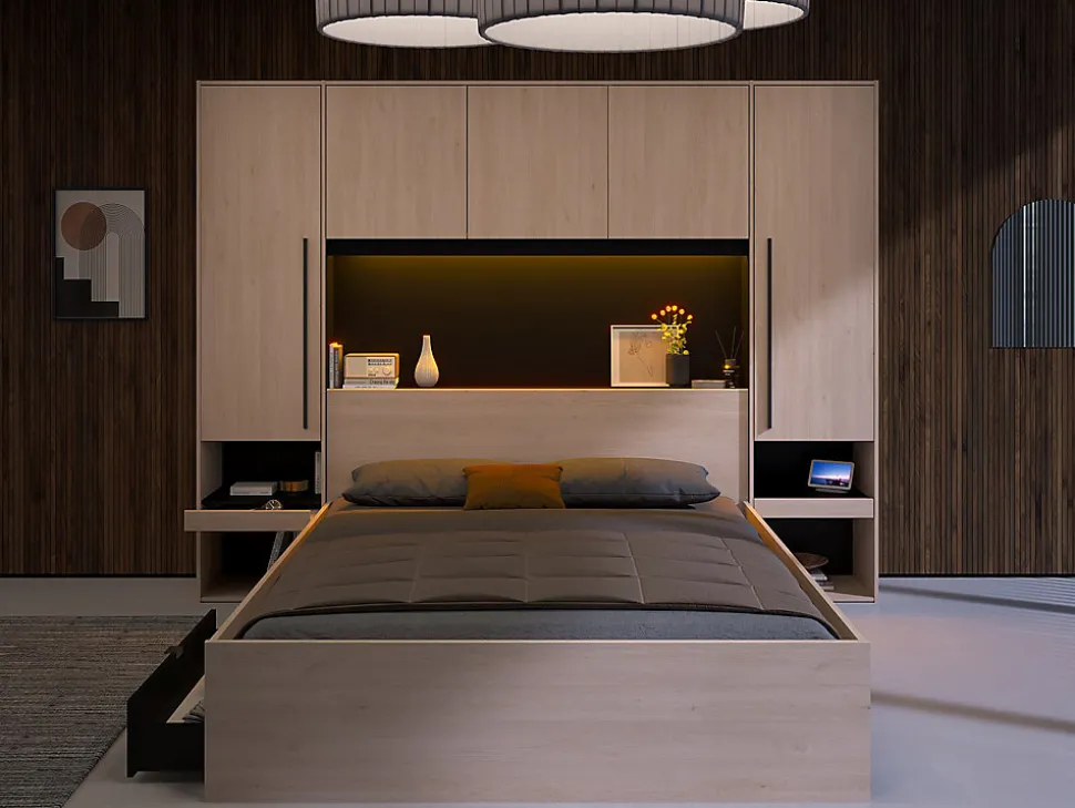 Lit pont 160 x 200 cm avec rangements - Avec LEDs - Coloris : Naturel et noir - VELONA