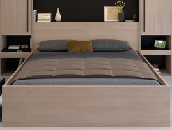 Lit pont 160 x 200 cm avec rangements - Avec LEDs - Coloris : Naturel et noir - VELONA