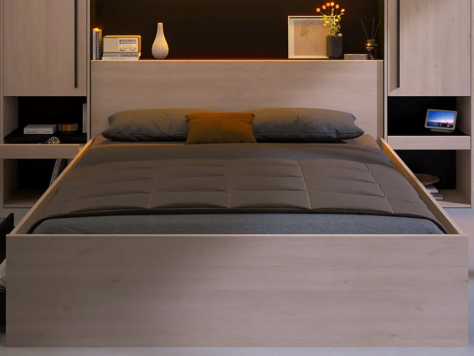 Lit pont 160 x 200 cm avec rangements - Avec LEDs - Coloris : Naturel et noir - VELONA
