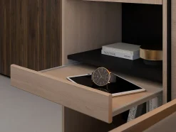 Lit pont 160 x 200 cm avec rangements - Avec LEDs - Coloris : Naturel et noir - VELONA