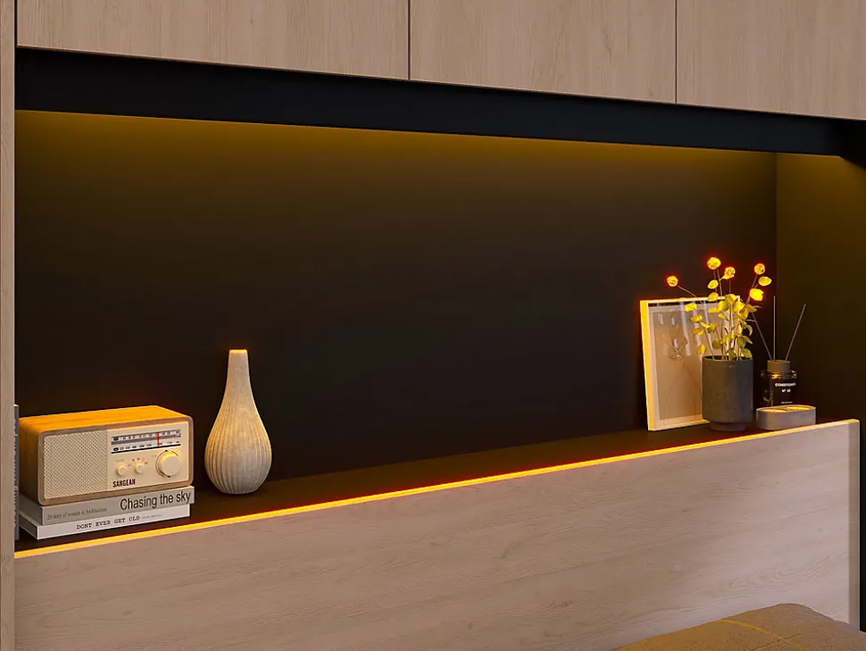 Lit pont 160 x 200 cm avec rangements - Avec LEDs - Coloris : Naturel et noir - VELONA