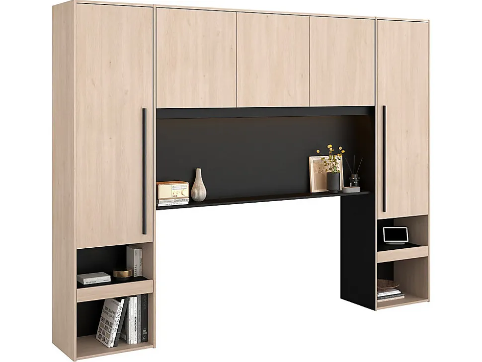 Lit pont 160 x 200 cm avec rangements - Avec LEDs - Coloris : Naturel et noir - VELONA