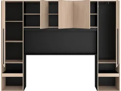 Lit pont 160 x 200 cm avec rangements - Avec LEDs - Coloris : Naturel et noir - VELONA