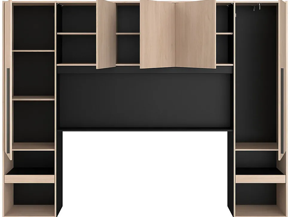 Lit pont 160 x 200 cm avec rangements - Avec LEDs - Coloris : Naturel et noir - VELONA