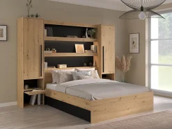 Lit pont 140 x 190/200 cm avec rangements - Avec LEDs - Coloris : Naturel et noir - VARLY