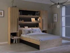 Lit pont 140 x 190/200 cm avec rangements - Avec LEDs - Coloris : Naturel et noir - VARLY