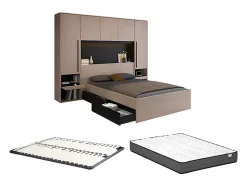 Lit pont 160 x 200 cm avec rangements - Avec LEDs - Coloris : Naturel et noir + Sommier + Matelas - VELONA