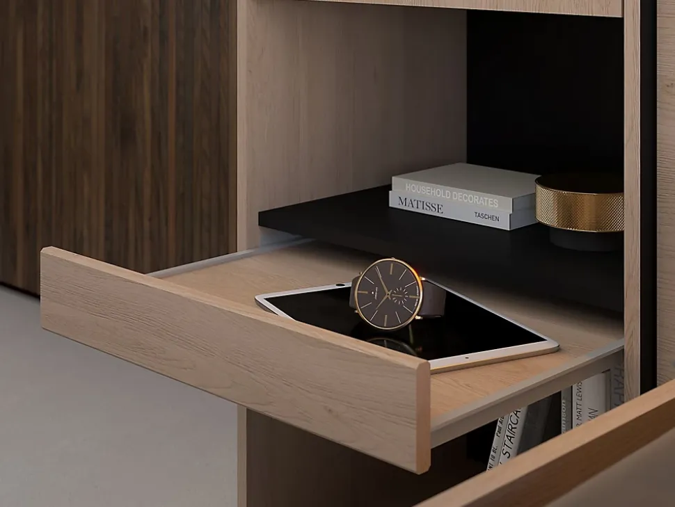 Lit pont 160 x 200 cm avec rangements - Avec LEDs - Coloris : Naturel et noir + Sommier + Matelas - VELONA