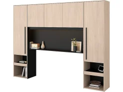 Lit pont 160 x 200 cm avec rangements - Avec LEDs - Coloris : Naturel et noir + Sommier + Matelas - VELONA