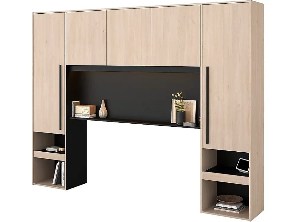 Lit pont 160 x 200 cm avec rangements - Avec LEDs - Coloris : Naturel et noir + Sommier + Matelas - VELONA