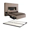 Lit pont 140 x 190 cm avec rangements - Avec LEDs - Coloris : Naturel et noir + Sommier - VELONA