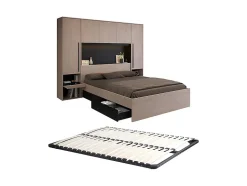 Lit pont 140 x 190 cm avec rangements - Avec LEDs - Coloris : Naturel et noir + Sommier - VELONA
