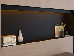 Lit pont 140 x 190 cm avec rangements - Avec LEDs - Coloris : Naturel et noir + Sommier - VELONA