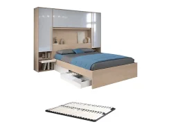 Lit pont 160 x 200 cm avec rangements - avec LEDs - Coloris : Naturel et blanc brillant + Sommier - VELONA
