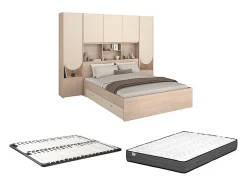 Lit pont 160 x 200 cm avec rangements - Avec LEDs - Coloris : Beige et naturel + Sommier + Matelas - DOMELITO