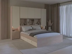 Lit pont 160 x 200 cm avec rangements - Avec LEDs - Coloris : Beige et naturel - DOMELITO