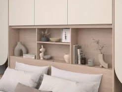 Lit pont 160 x 200 cm avec rangements - Avec LEDs - Coloris : Beige et naturel - DOMELITO