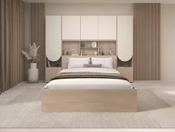 Lit pont 160 x 200 cm avec rangements - Avec LEDs - Coloris : Beige et naturel - DOMELITO