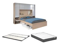 Lit pont 160 x 200 cm avec rangements - avec LEDs - Coloris : Naturel et blanc brillant + Sommier + Matelas - VELONA