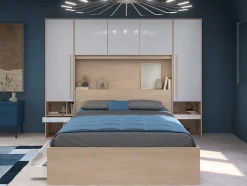 Lit pont 160 x 200 cm avec rangements - avec LEDs - Coloris : Naturel et blanc brillant + Sommier + Matelas - VELONA